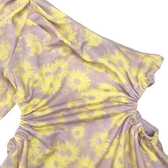 ASOS One Shoulder Puff Sleeve Cut Out Floral Midi Dress - Picture 5 of 16